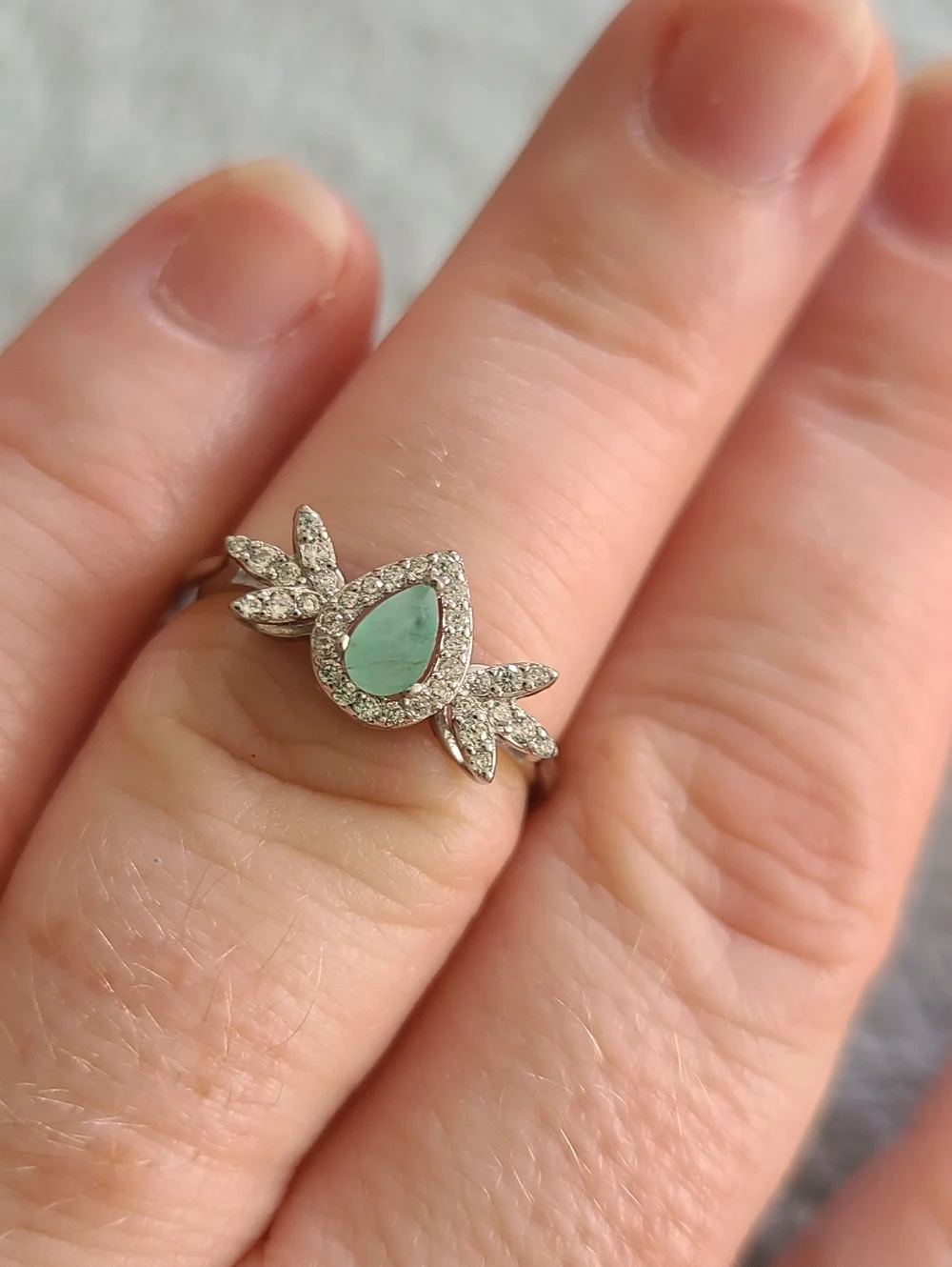 Sterling Silver Teardrop Emerald Halo Ring - Picture 5 of 6